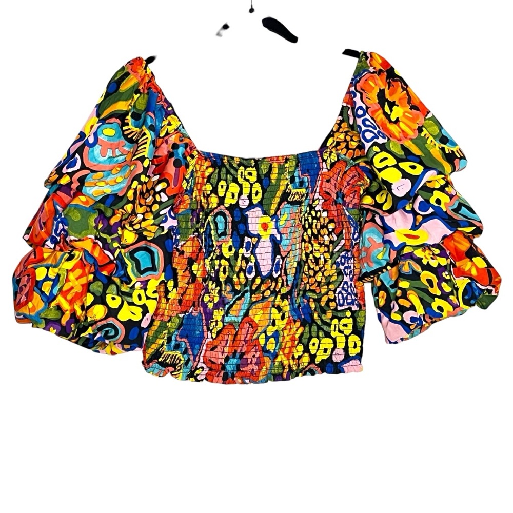 Live 4 Truth Bright Multi Color Floral Tiered Puff Sleeve Smocked Crop Top Sz M